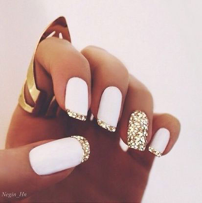 White Matte + Gold Glitter Nails