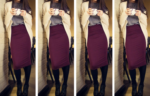 Red Wine Midi Skirt Winter Outfit Idea