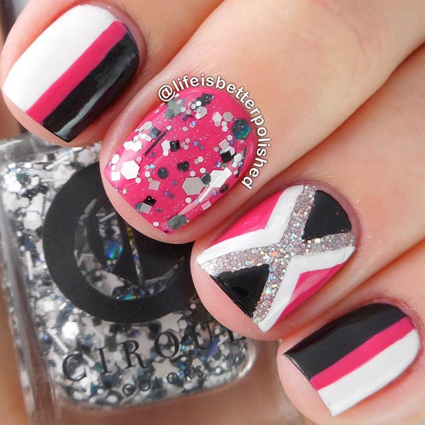 Black and Hot Pink Nail Design for Short Nails