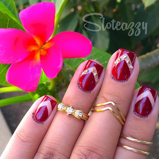 Dark Red with Gold Details Nail Design