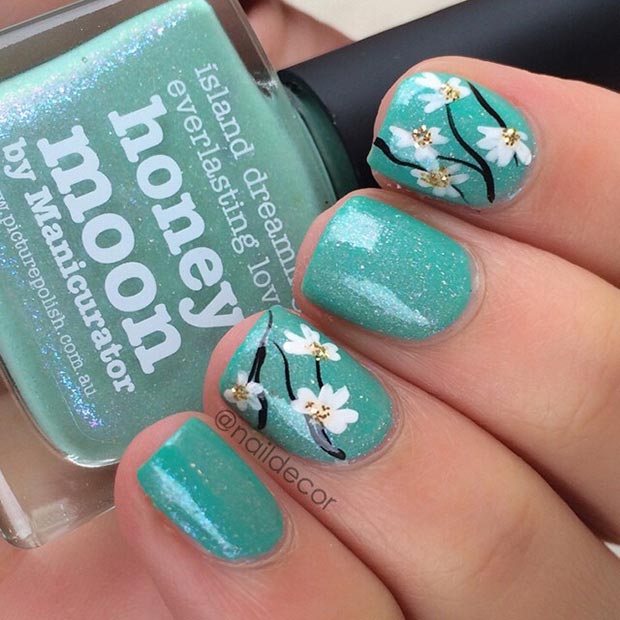 Flower Turquoise Nail Design