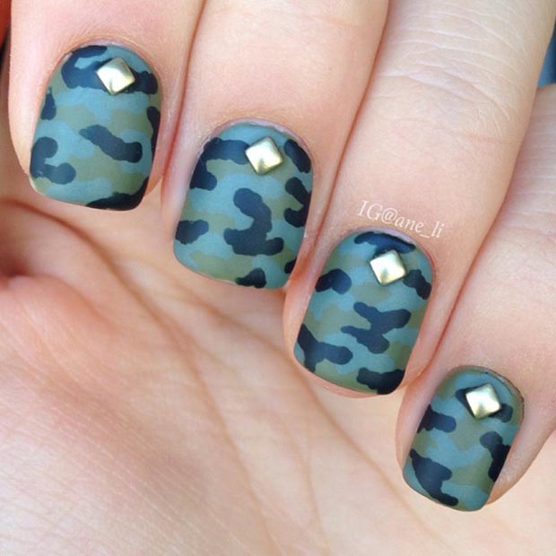 Gold Studs and Camo Nail Design
