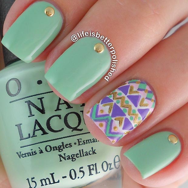 Mint Nails with Gold Studs