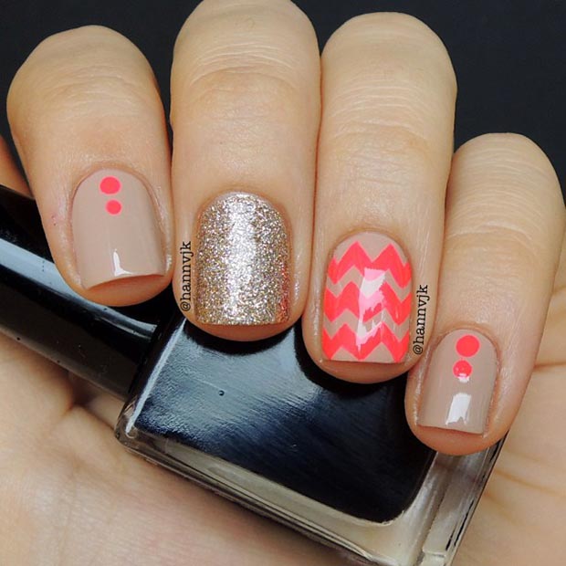 Nude and Neon Nail Design