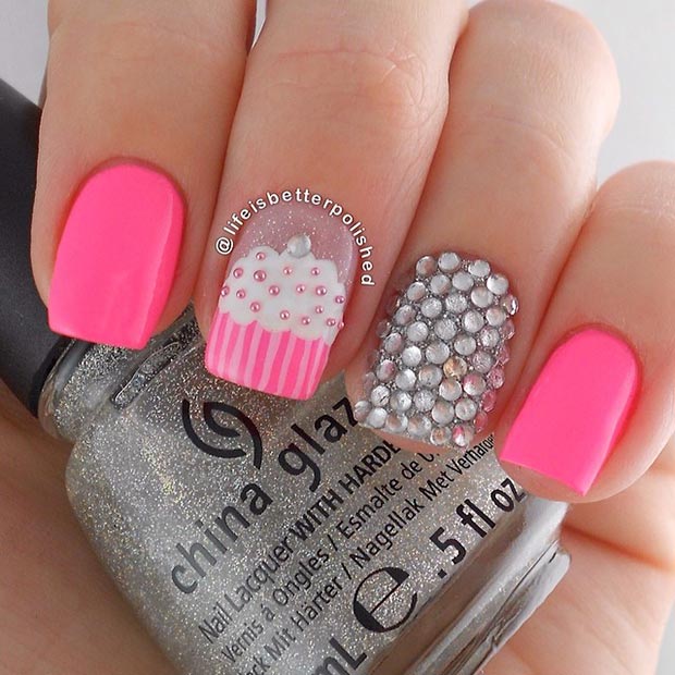 Pink and Silver Cupcake Nail Design