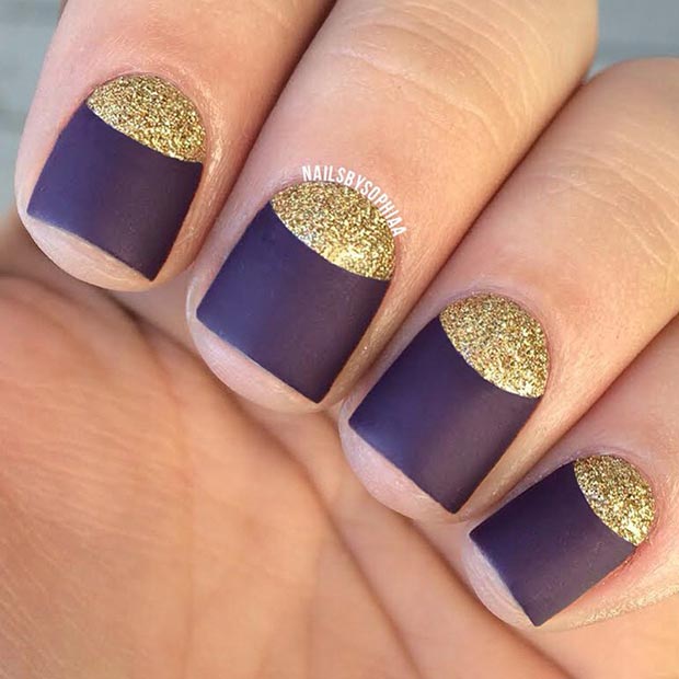 Purple and Gold Half Moon Nails