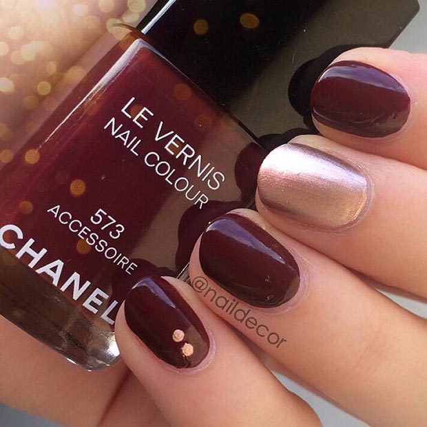 Simple Red Wine and Gold Nail Design