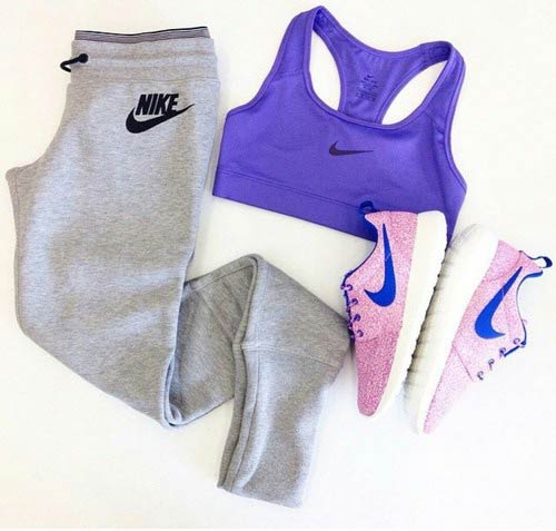 Grey Sweatpants Purple Top Workout Outfit