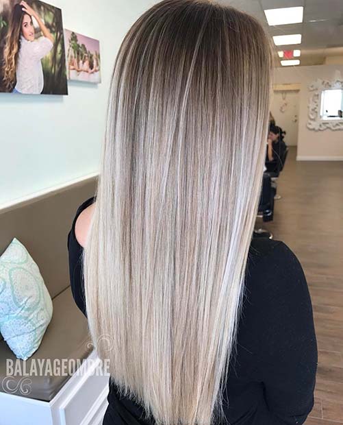 Dark Roots to Light Blonde Tips Balayage Color Idea