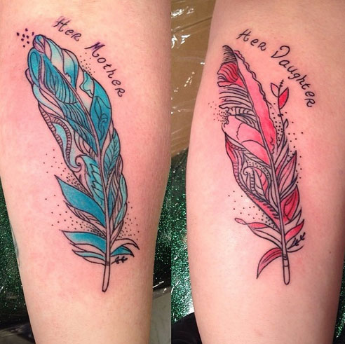 Mother and Daughter Feather Tattoos