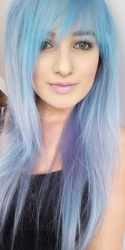 Long Light Blue Hairstyle with Purple Highlights