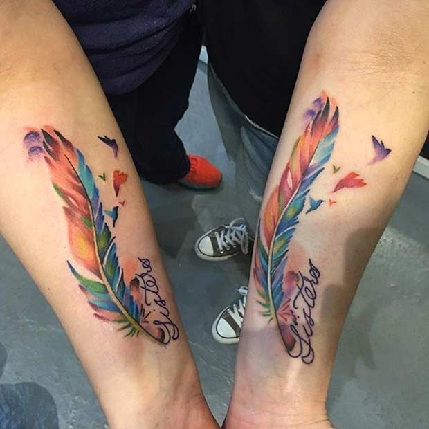Colorful Feathers Matching Sister Tattoos