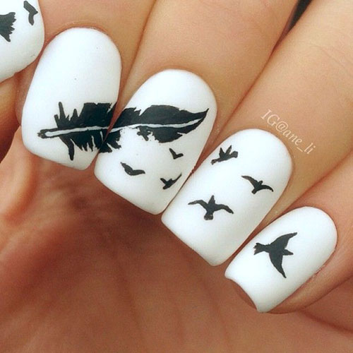 Feather and Birds White Matte Nails