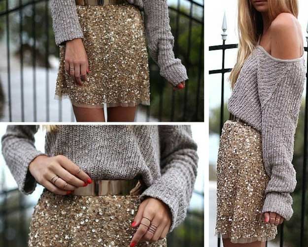 Gold Sequin Skirt Grey Sweater Outfit