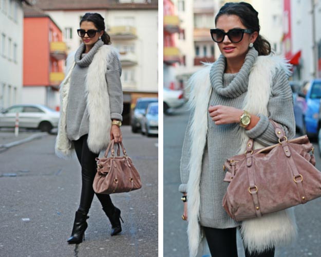 White Faux Fur Vest Grey Sweater Outfit