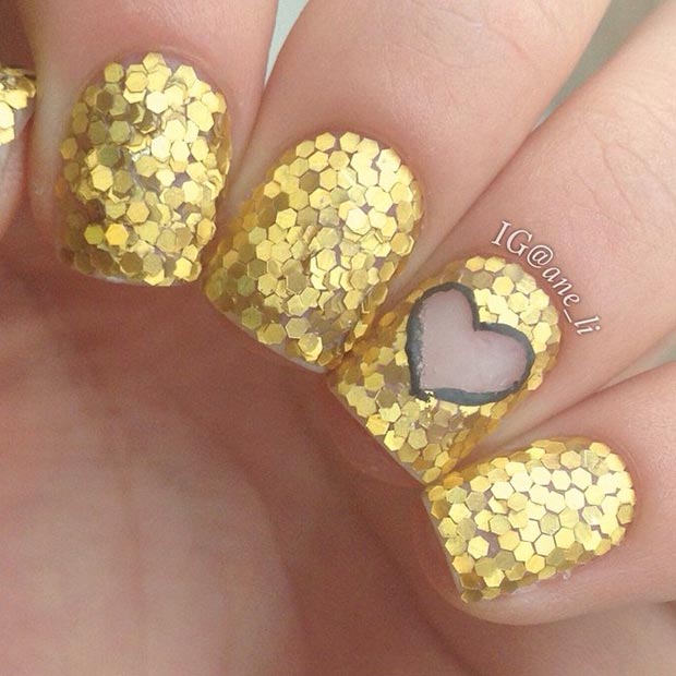 Gold Glitter Heart Nails 