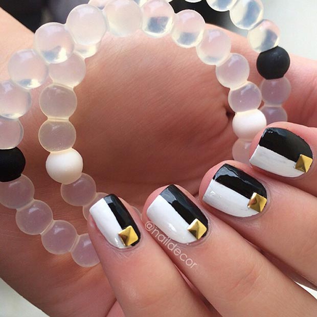 Black and White Nails with Gold Studs 
