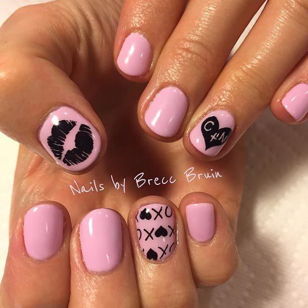 Pink and Black Valentines Day Nails