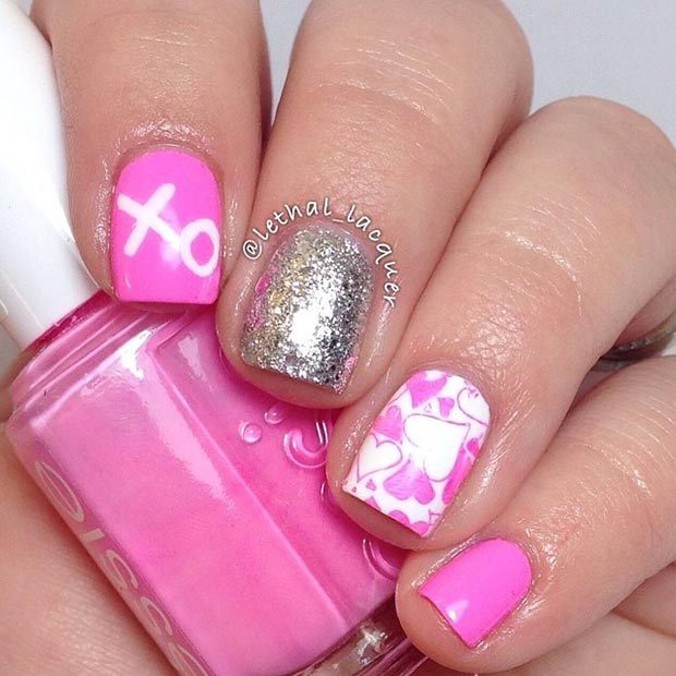 Pink and Silver Valentines Day Nails 