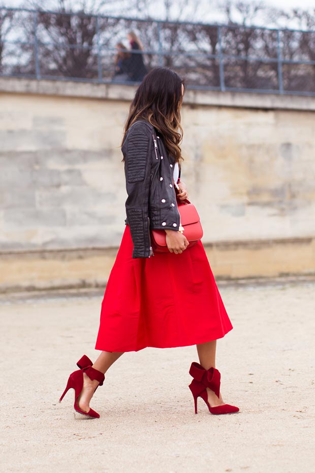 Red Midi Skirt Leather Jacket Outfit