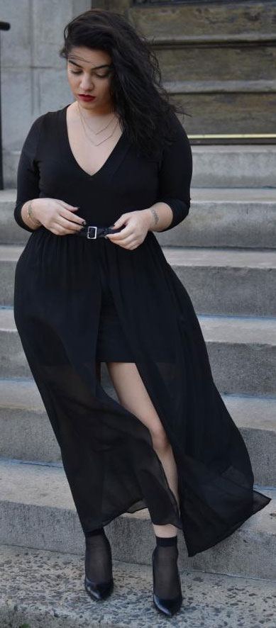 All Black Plus Size Maxi Skirt Outfit