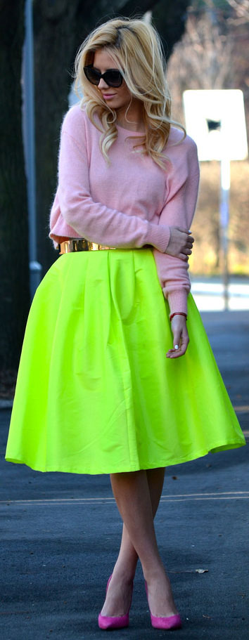 Crop Top Sweater Neon Midi Skirt Outfit