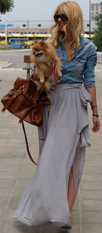 Denim Blouse Grey Sheer Midi Skirt