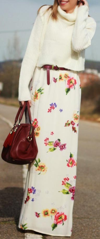 Floral Maxi Skirt with Sweater Outfit