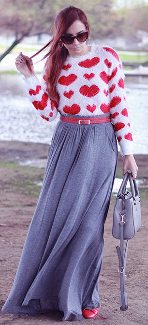 Grey Maxi Skirt Heart Sweater Outfit