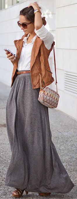 Grey Maxi Skirt White Button Up Outfit