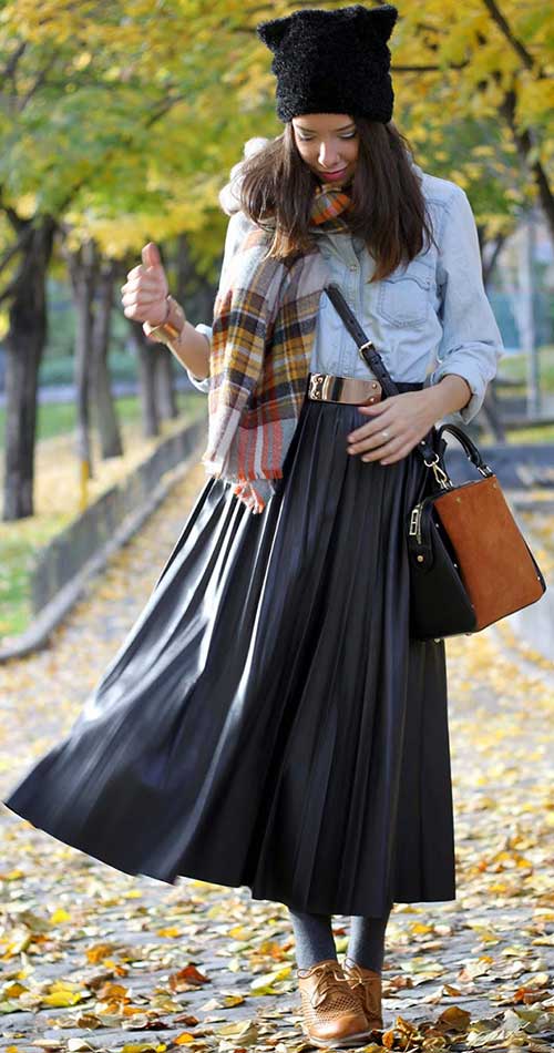 Leather Maxi Skirt Denim Blouse Outfit