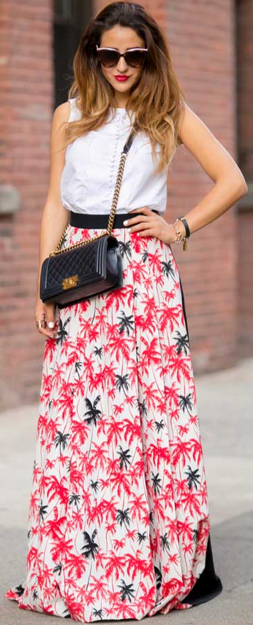 printed maxi skirt outfits