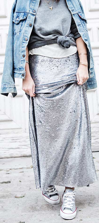 Silver Sequin Maxi Skirt Casual Outfit