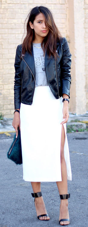 White Maxi Skirt Leather Jacket Outfit