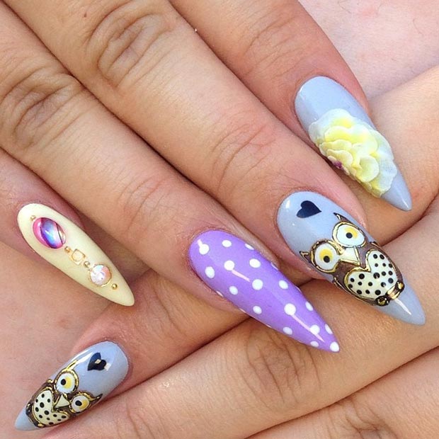 Colorful Owls Stiletto Nails 