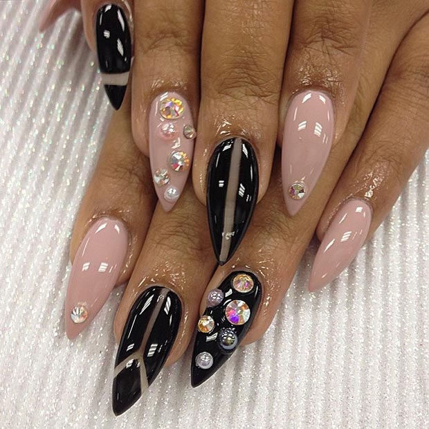 Negative Space Black and Nude Stiletto Nails