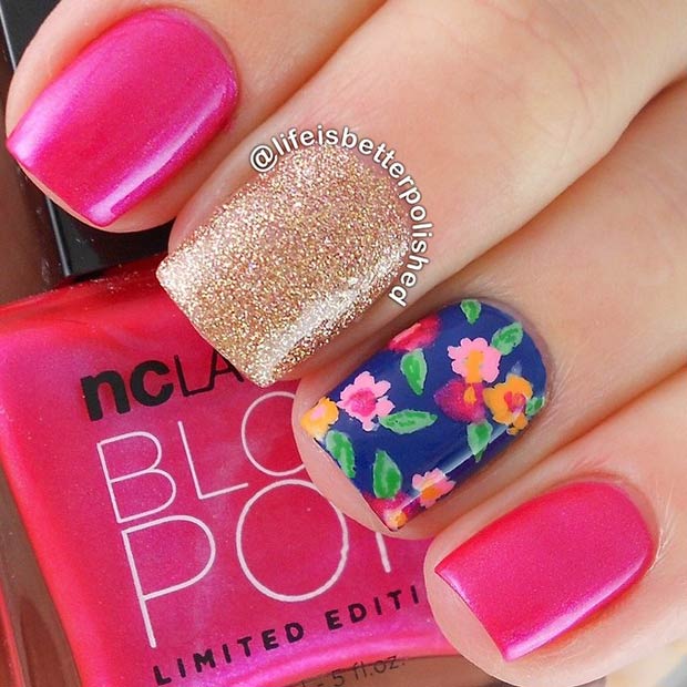 Pink Nails with Flower Accent Nail
