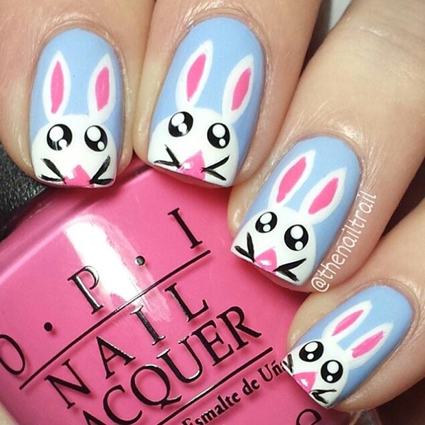 White and Blue Easter Bunny Nail Art