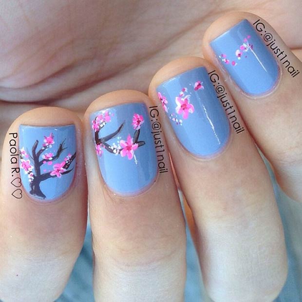 Blue Cherry Blossom Nails