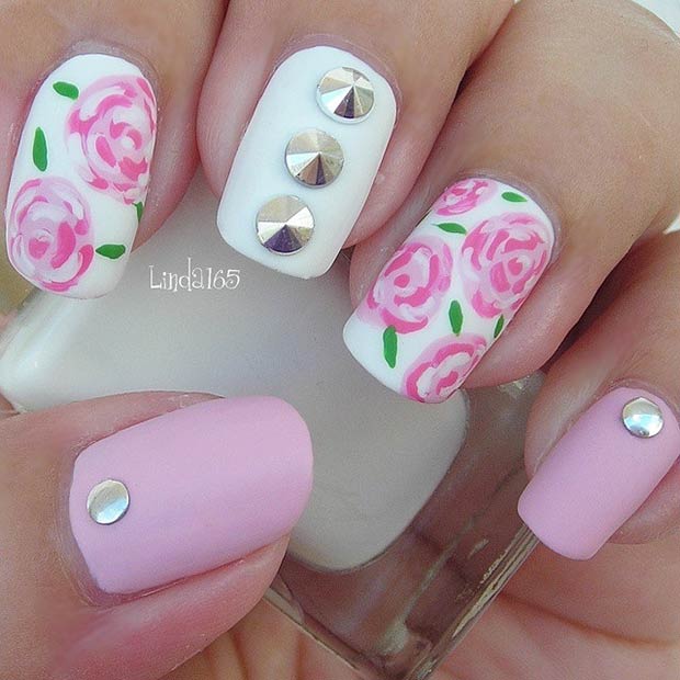 Pink and White Floral Nails