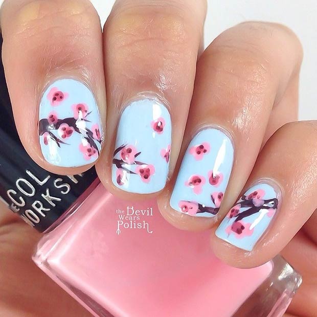  Light Blue Nails with Cherry Blossoms