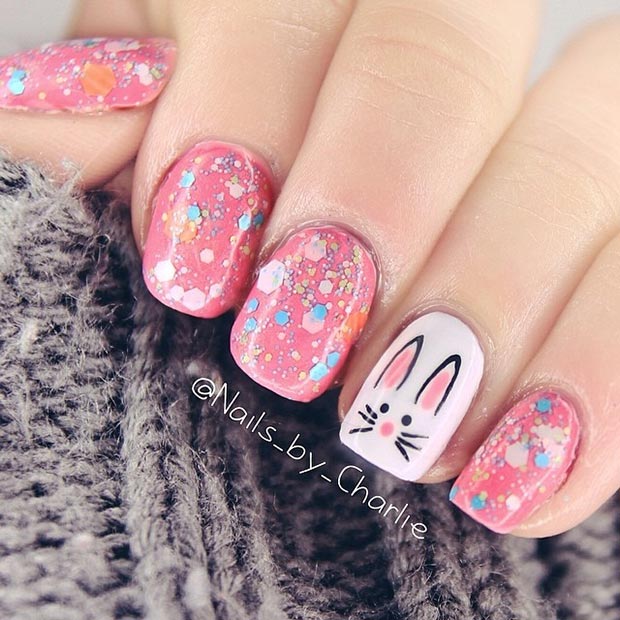 White Bunny Accent Nail Art Design