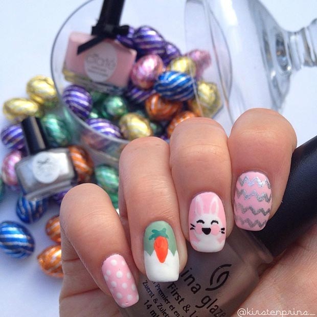 White and Pink Easter Nail Art Design