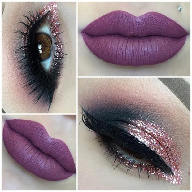 Pink Glitter Eyes and Purple Lips Look
