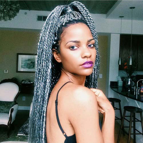 Grey Senegalese Twists into a High Ponytail