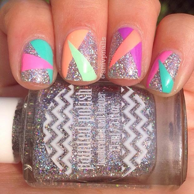 Silver Glitter Nails with Colorful Triangles