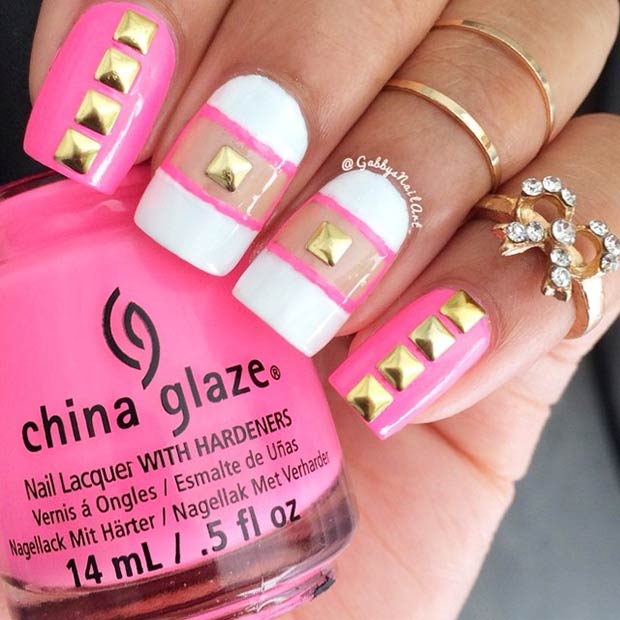 Pink and White Nails with Gold Studs