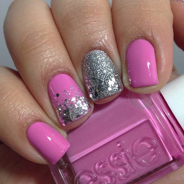 Pink and Silver Glitter Nails