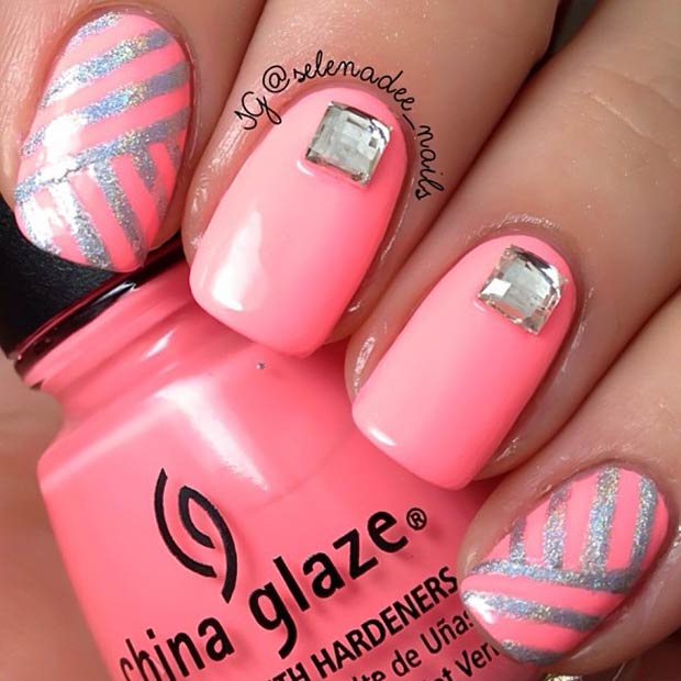 Neon Pink and Silver Nails