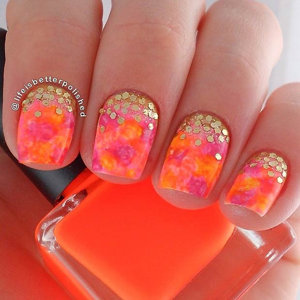 Gold Sequin and Neon Nails